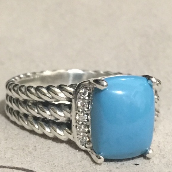 David Yurman Petite Wheaton 8x10mm Turquoise Sterling Silver  & Diamonds Size 6 - Picture 3 of 7